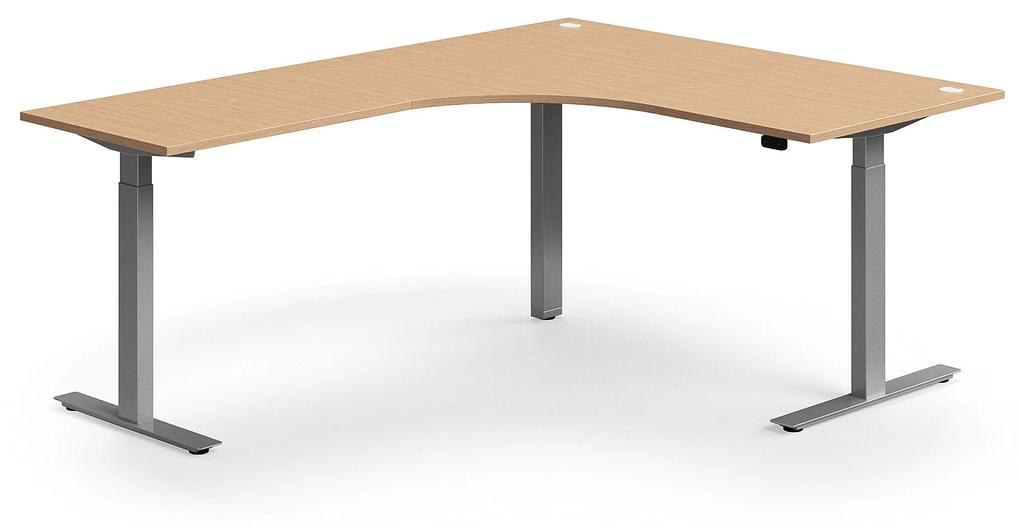 Výškovo nastaviteľný stôl FLEXUS, rohový, 1600x2000 mm, strieborný rám, buk