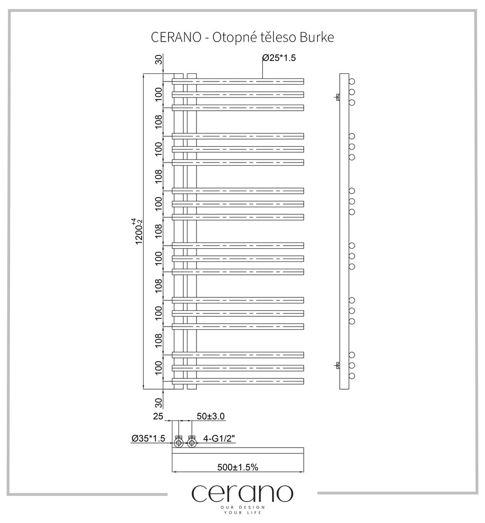 Cerano Burke, vykurovacie teleso 1200x500 mm, 562W, pripojenie D5, čierna matná, CER-CER-429634