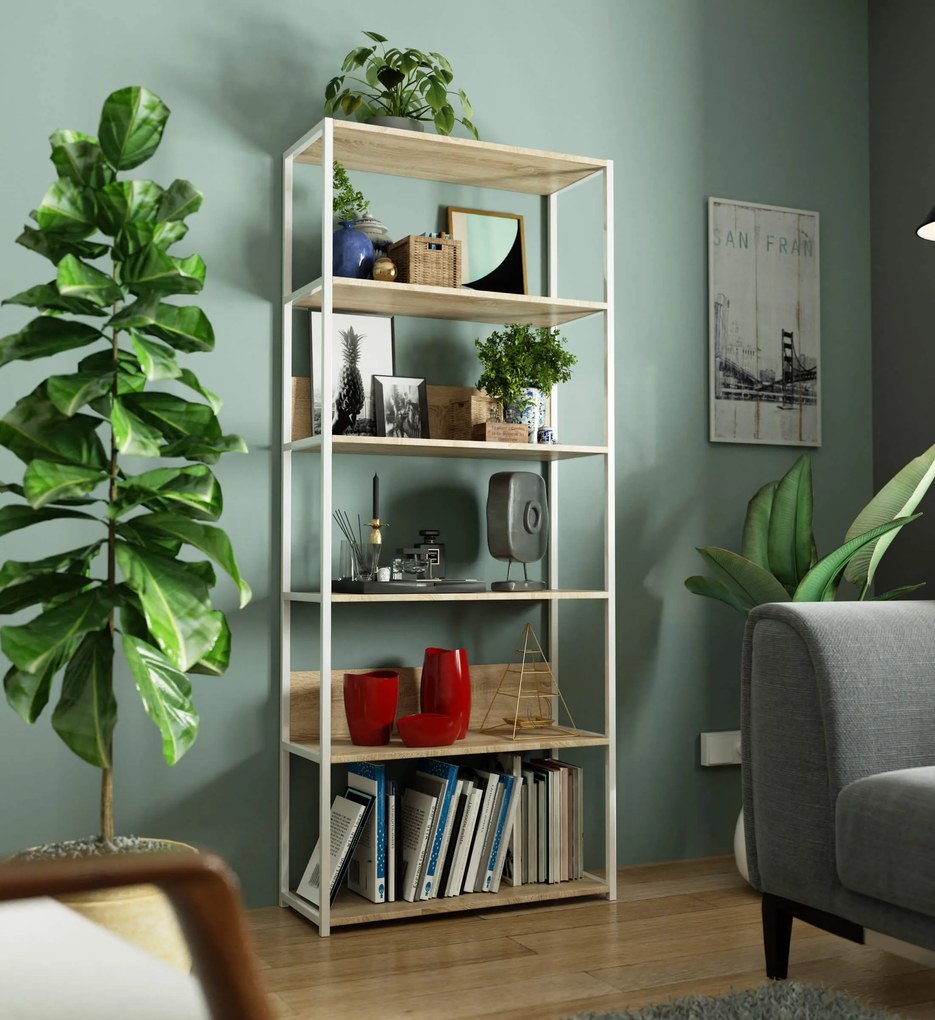 Knižnica Loft s kovovým rámom 80 cm biela/dub sonoma