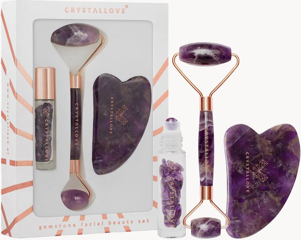 Súprava Amethyst Roller & Gua Sha Crystallove, 3 ks