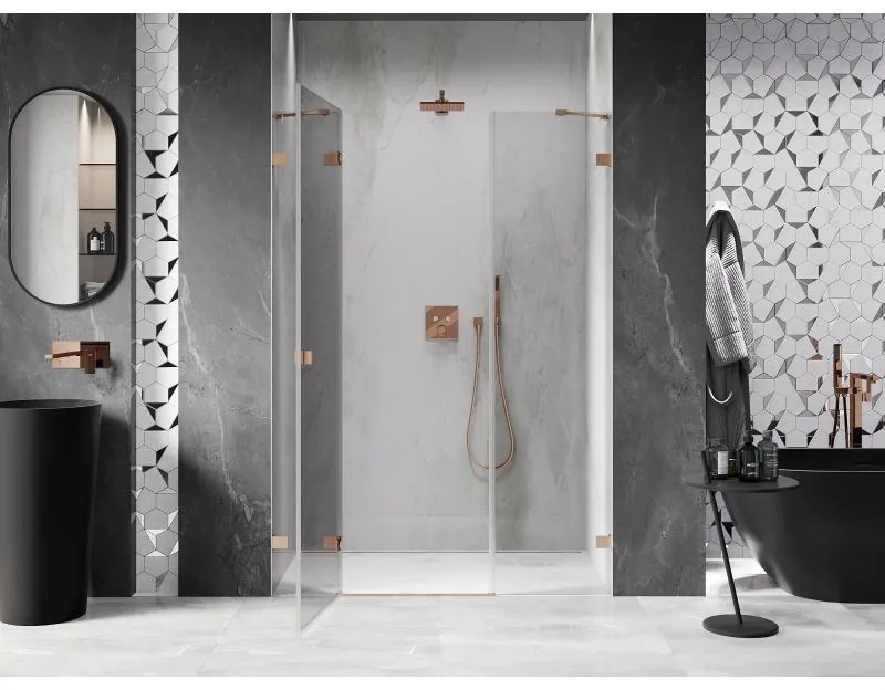 Mexen Lunar, ľavé otočné sprchové dvere 155 cm, 8mm číre sklo, medený matný profil, 834S-155-050-65-00-L