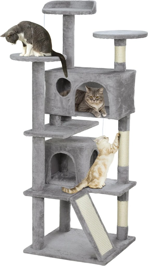 PawHut Cat Scratching Post, výška 137 cm, stĺp na škrabanie pre mačky, lezecká veža so sisalovými stĺpmi, plošinami, domčekmi, závesnými balónikmi a h