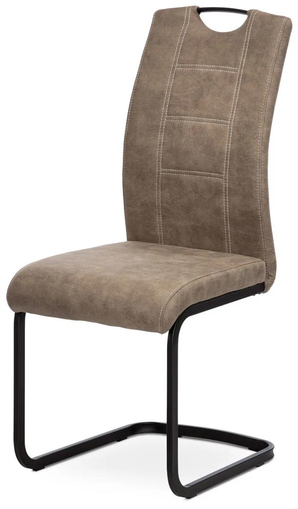 jedálenská stoličkam poťah lanýžová látka v dekore vintage kože, biele prešitie, kovová pohupová podnož, čierny lak