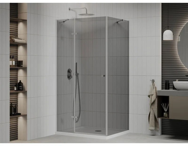 Mexen Roma, sprchový kút s krídlovými dverami 90 (dvere) x 80 (stena) cm, 6mm šedé sklo, chrómový profil + slim sprchová vanička biela + chrómový sifón, 854-090-080-01-40-4010