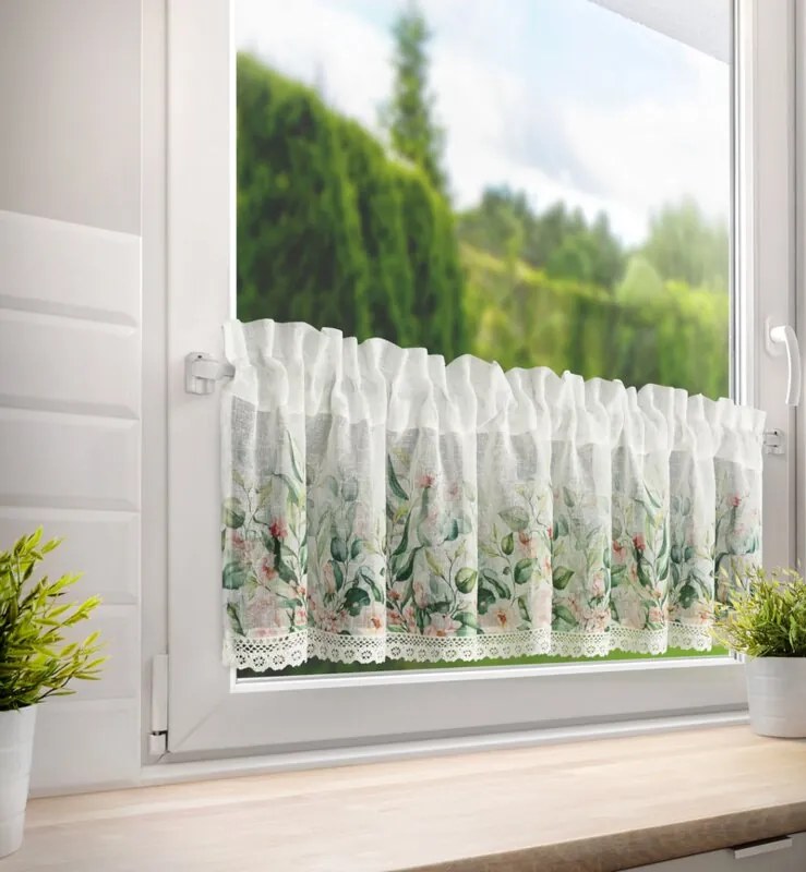 Dekorstudio Kuchynská záclonka ESTERA zdobená kvetinovou potlačou a čipkou 150 x 60 cm