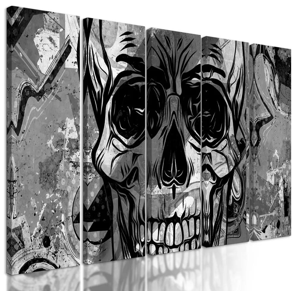 5-dielny obraz abstraktná lebka v čiernobielom prevedení
