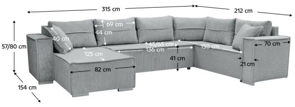 Univerzálna rohová rozkladacia sedacia súprava do tvaru U LONDON sivá