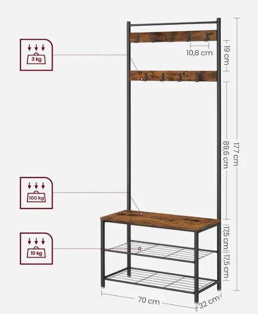 Předsíňový věšák s botníkem Houseland Herry hnědý/černý