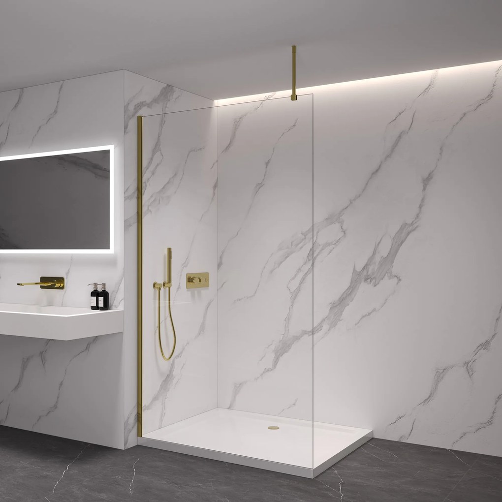 CERANO - Sprchová zástena Walk-in Onyx Top L/P - guľatá vzpera - zlatá kartáčovaná, transparentné sklo - 100x200 cm, CER-CER-8050BD1463
