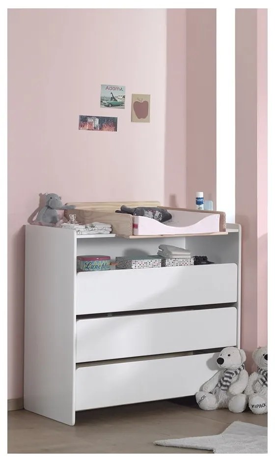 Biela nízka detská komoda z borovicového dreva s prebaľovacím pultom 90x106 cm KIDDY – Vipack