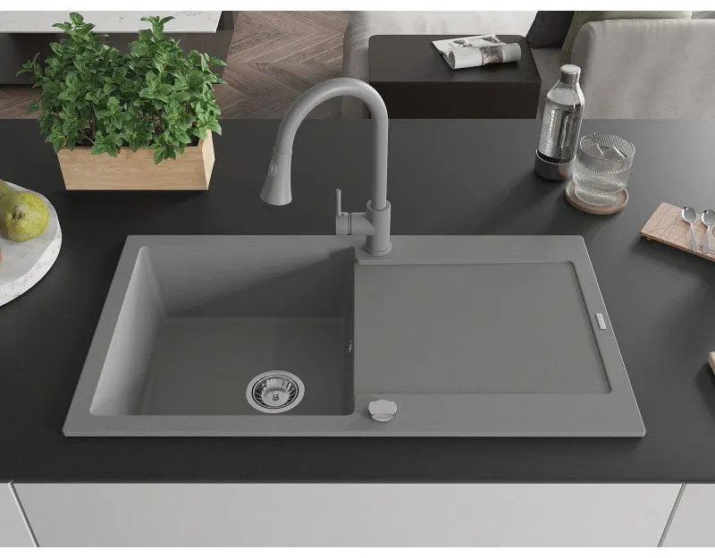 Mexen Leo, 1-komorový granitový drez 900x500x190 mm a drezová batéria Elia, šedá, 6501-71-670101-71