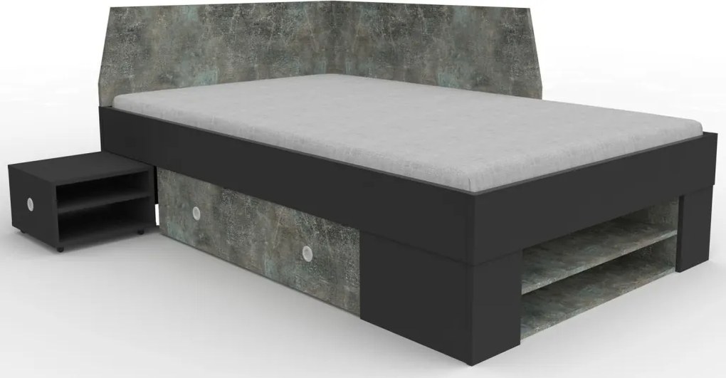 Úložná posteľ so zástenou Junior 120x200 cm, čierna/tmavý betón