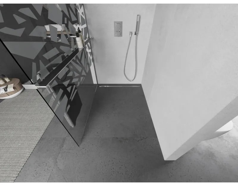 Mexen Kioto+ L, sprchová zástena Walk-In s poličkou a vešiakom 80 x 200 cm, 8mm číre sklo biely vzor, chrómový profil, 800-080-123-01-85