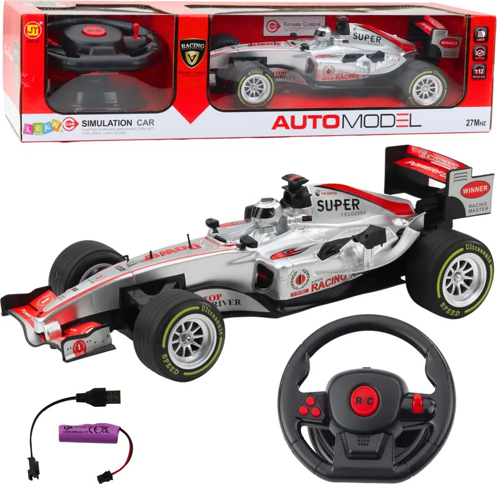 LEAN Toys Diaľkovo ovládané pretekárske auto RC s volantom, svetlami a zvukmi, mierka 1:12, strieborné