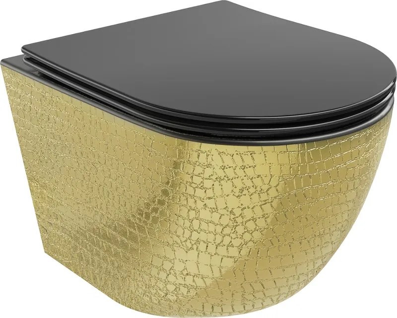 Mexen Lena WC misa Rimless s pomaly zatvárajúcim sa tenkým WC sedadlom, duroplast, čierna matná/zlatý vzor šupiny
