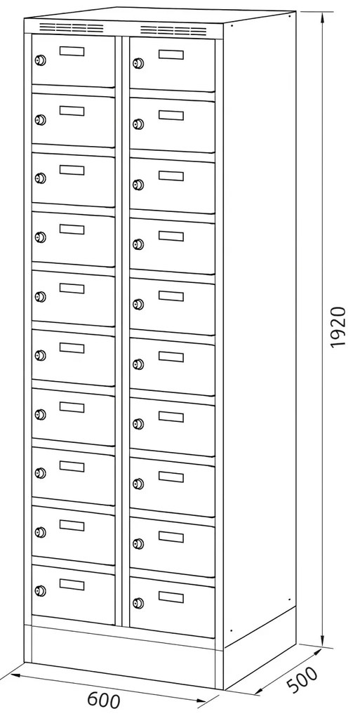 Alfa 3 Šatníková skrinka S6 na sokli s úložnými boxami, 20 boxov, 1920 x 600 x 500 mm, cylindrický zámok, tmavosivé dvere