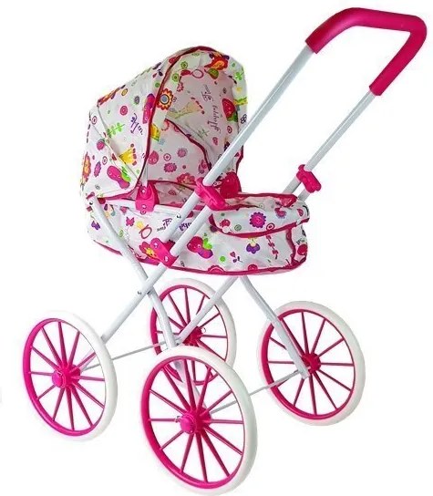 LEAN Toys Retro veľký kočiar pre bábiky na hlbokých kolieskach s kvetmi