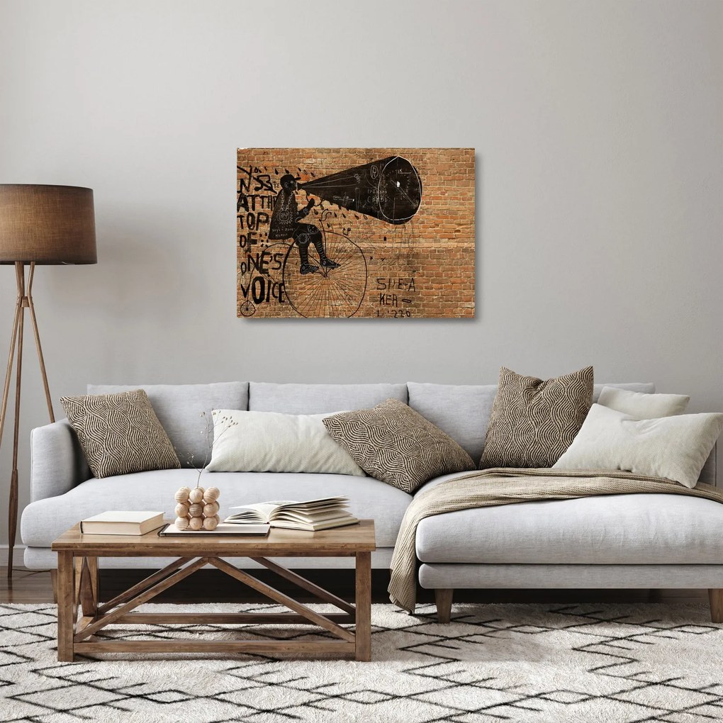 Sklenený obraz - Muž na bicykli v Banksyho štýle (70x50 cm)