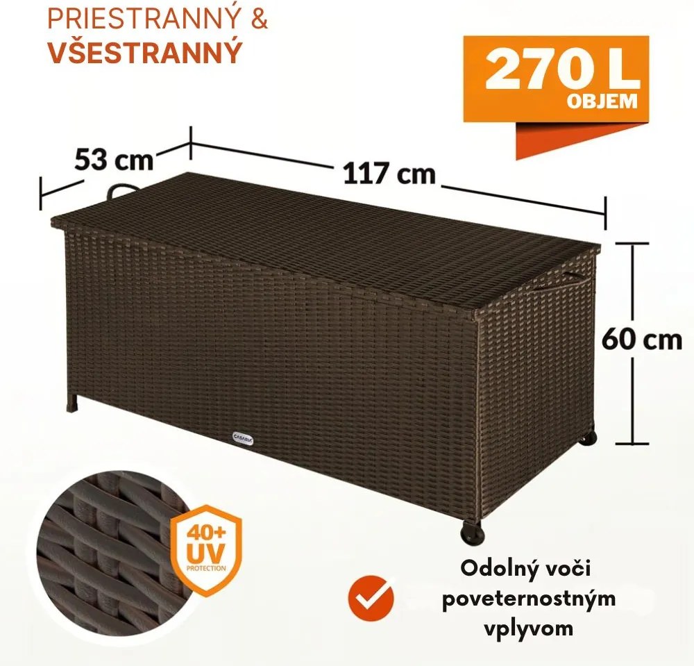 Polyratanový úložný box RICCO, 270L, 117x53x60cm, tmavá hnedá Casaria