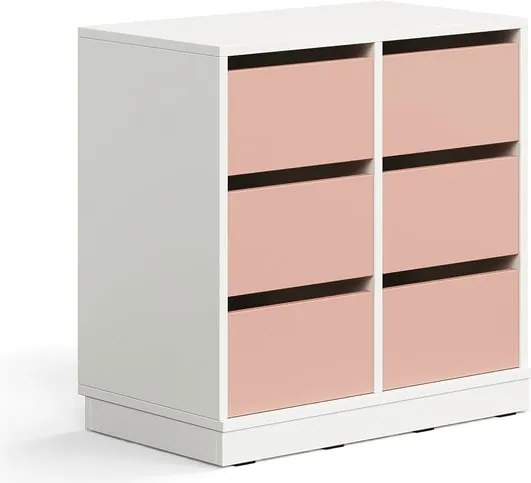 Úložná skrinka CASPER, 6 zásuviek, so soklom, biela/tmavoružová