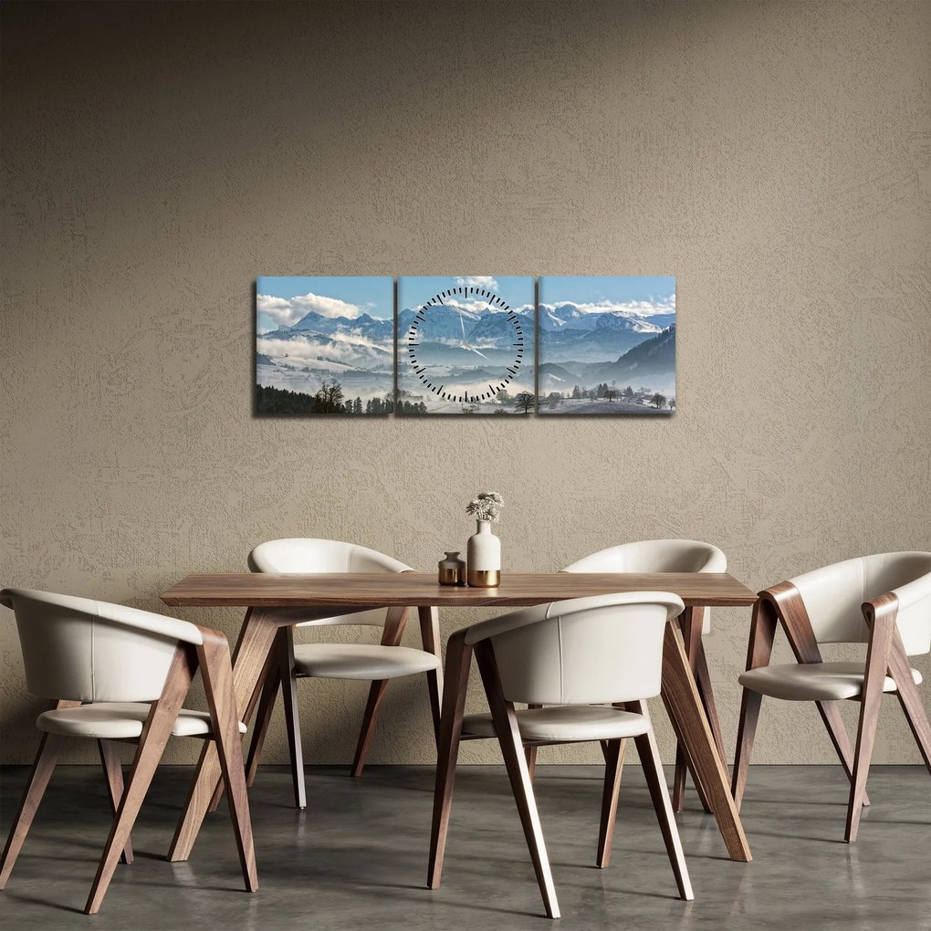 Obraz zasnežených hôr (s hodinami) (90x30 cm)
