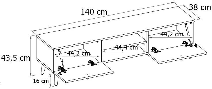 TV skrinka ROTUNDA Zlatý remeselný dub - čierne nožičky, 140 cm