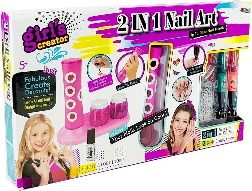 LEAN Toys Sada na maľovanie nechtov s dávkovačom trblietok a farebnými nálepkami