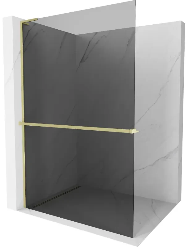 Mexen Kioto+ L, sprchová zástena Walk-In s poličkou a vešiakom 80 x 200 cm, 8mm šedé sklo, zlatý matný profil, 800-080-123-55-40