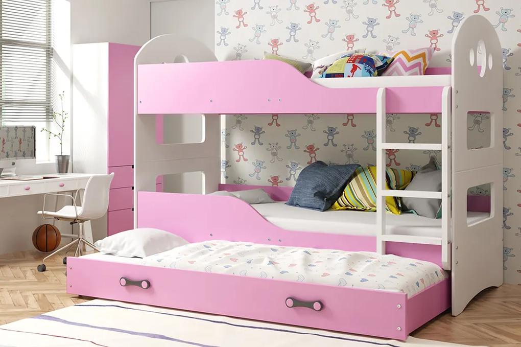Poschodová posteľ s prístelkou DOMINIK 3 - 190x80cm Biely - Ružový