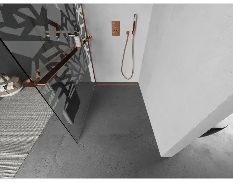 Mexen Kioto+ L, sprchová zástena Walk-In s poličkou a vešiakom 120 x 200 cm, 8mm číre sklo biely vzor, ružové zlato profil, 800-120-123-60-85