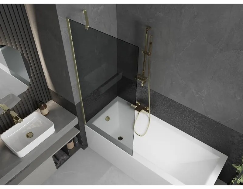 Mexen Next, 1-krídlová vaňová zástena 80 x 150 cm, 6mm šedé sklo, zlatá matná, 895-080-000-00-40-55