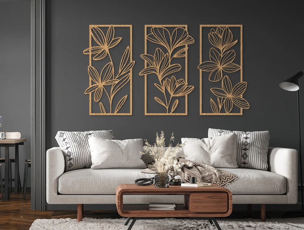 drevko 3-dielny drevený obraz Veľké kvety Rozmer obrazu: 44,5 x 82 cm, Farba dekorácie: Čierna