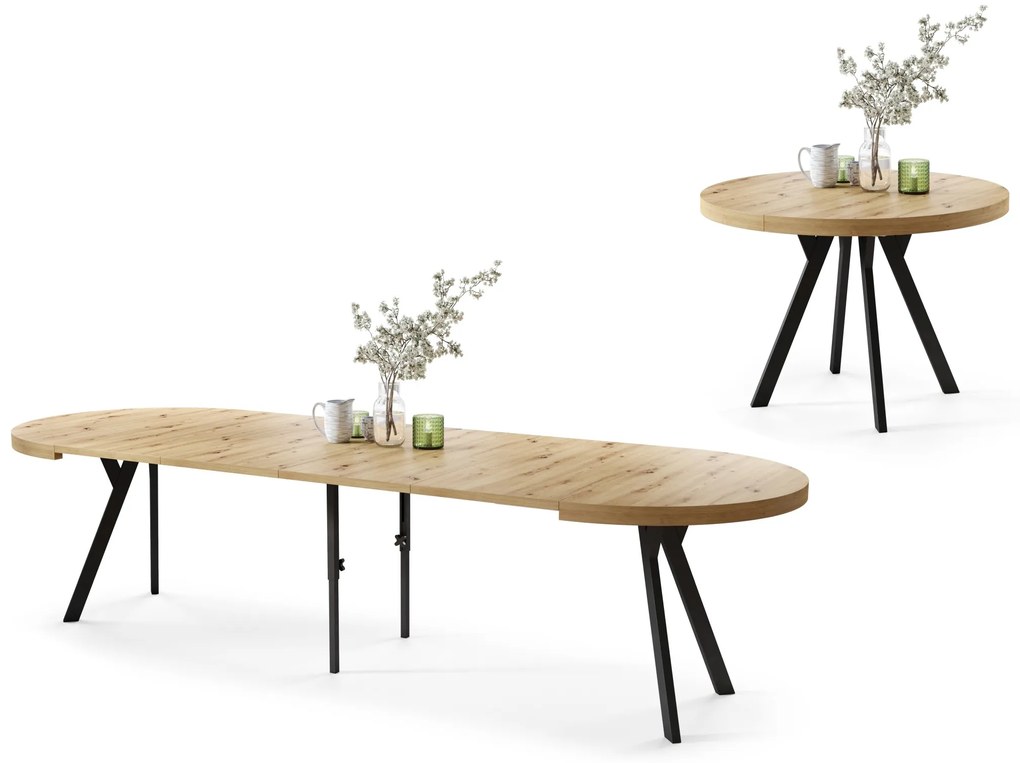 EXPANSO Dub Artisan / čierne nohy - VEĽKÝ OKRÚHLY STÔL Ø110 ROZKLADACÍ AŽ DO 310 cm S NOHAMI Y LOFTOVÝ / INDUSTRIÁLNY