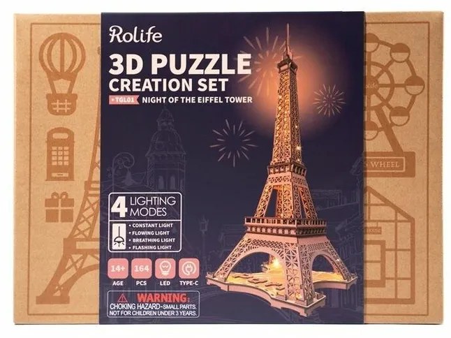 RoboTime 3D Drevené puzzle Rolife Noc Eiffelovej veže svietiace