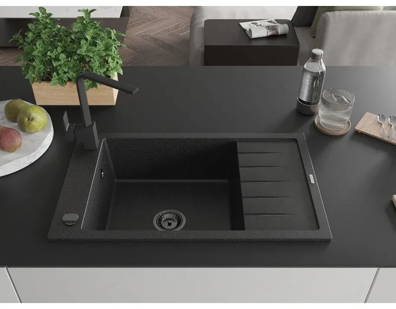 Mexen Elias, granitový drez granitový 795x480x200 mm, 1-komorový, čierna-strieborná metalíza s čiernym sifónom a čierna drezová batéria Rita, 6511-73-670300-70-B