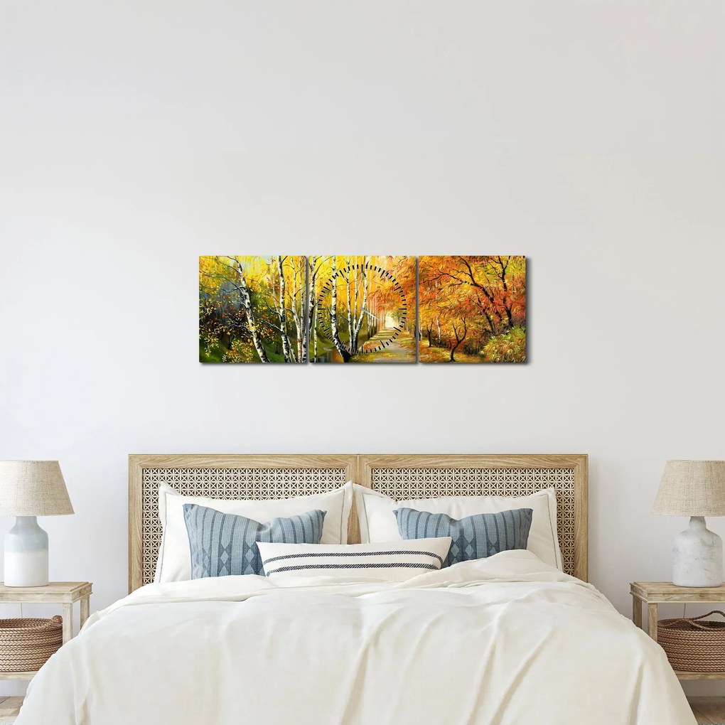 Obraz - Romantická alej pozdĺž vody, olejomaľba (s hodinami) (90x30 cm)