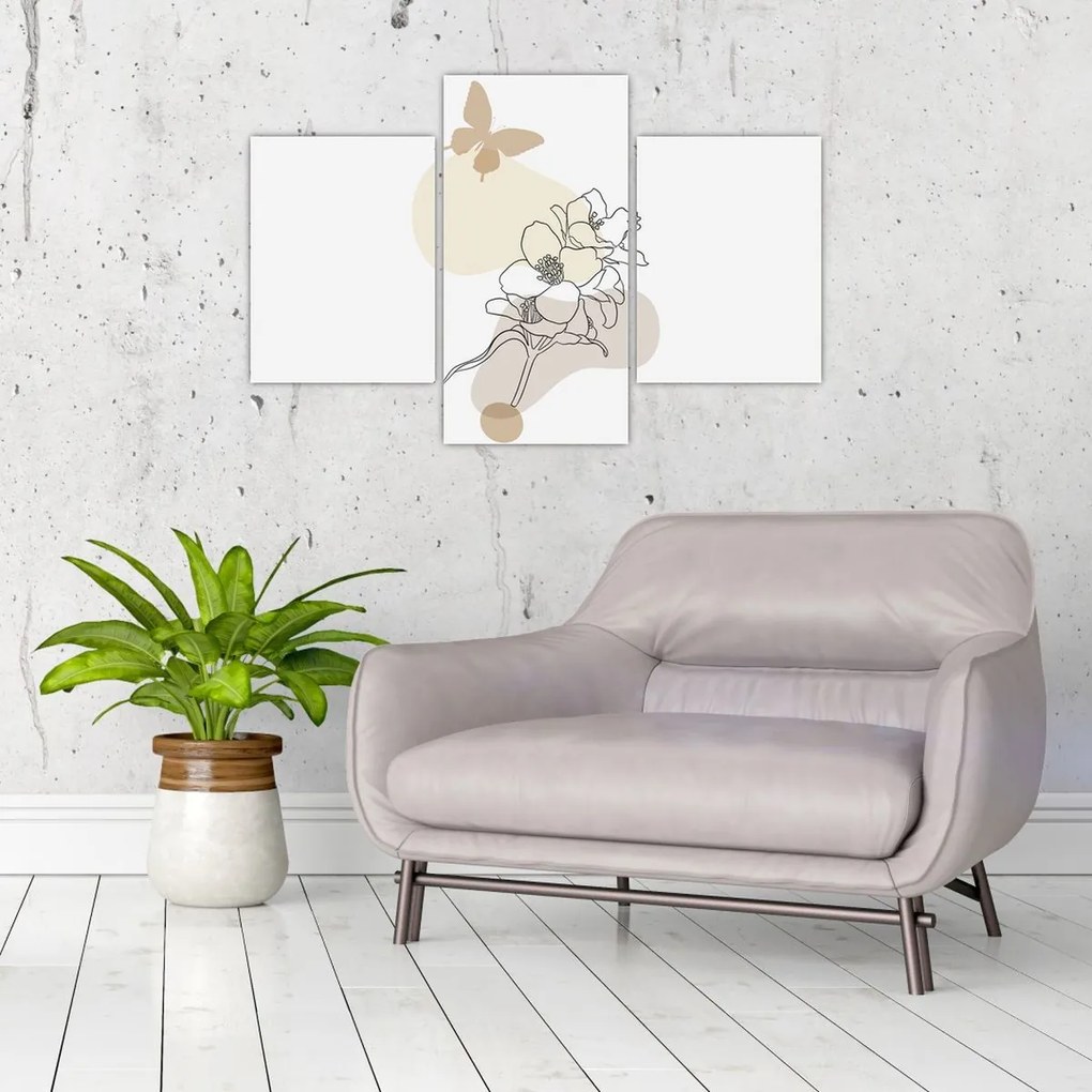 Obraz - Béžové kvety s motýľom N⁰3 (90x60 cm)