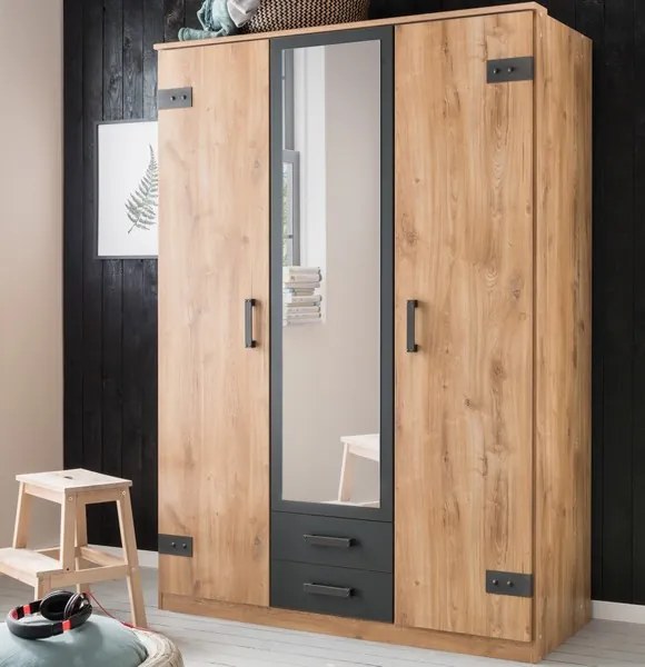 Šatníková skriňa so zrkadlom Cork, 135 cm, doskový dub/grafit