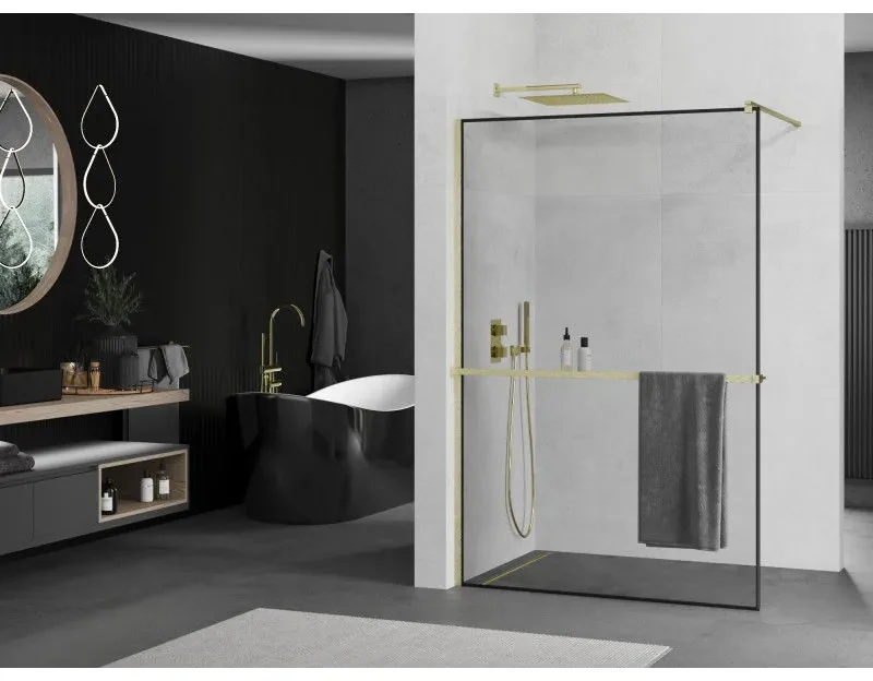 Mexen Kioto+, sprchová zástena Walk-In s poličkou a vešiakom 70 x 200 cm, 8mm číre sklo čierny vzor, zlatý matný profil, 800-070-121-55-70