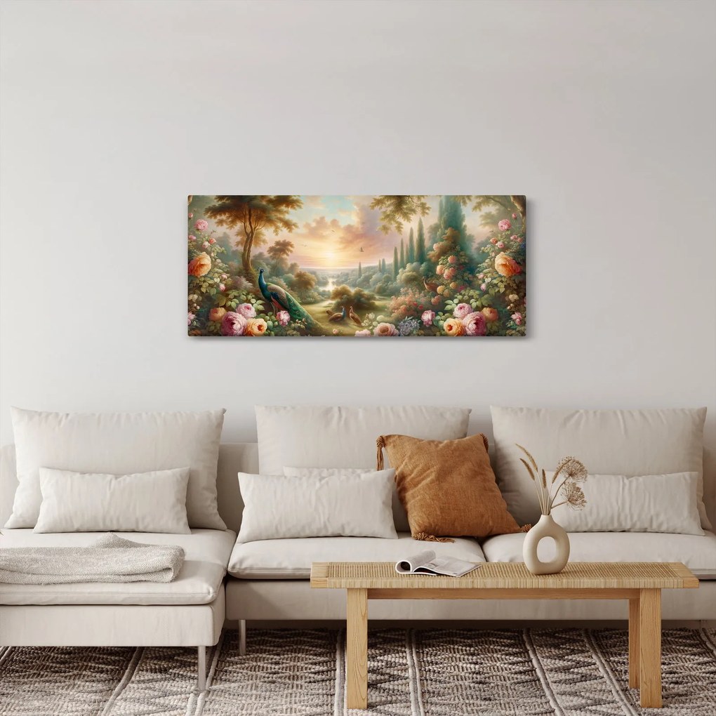 Obraz - Pávy v záhrade (120x50 cm)