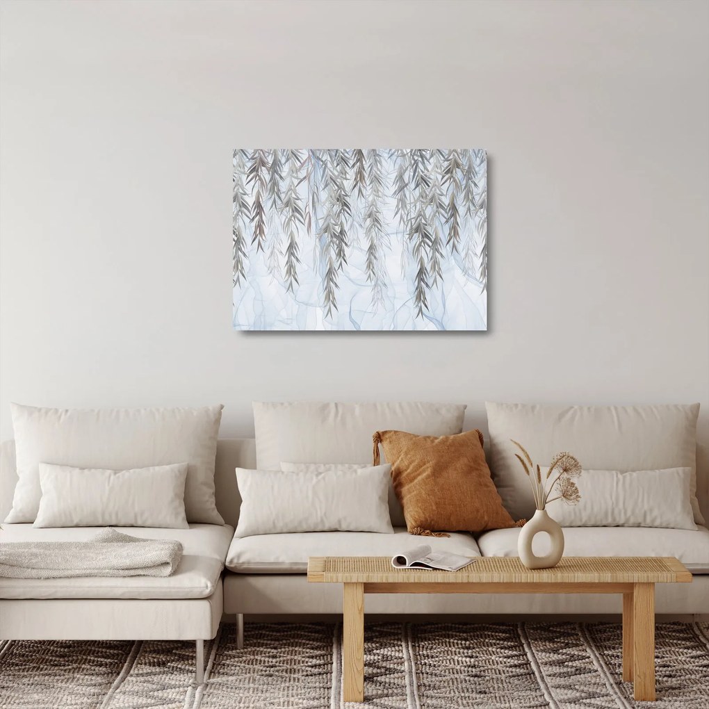 Sklenený obraz - Vŕbové vetvičky v modrom pozadí (70x50 cm)