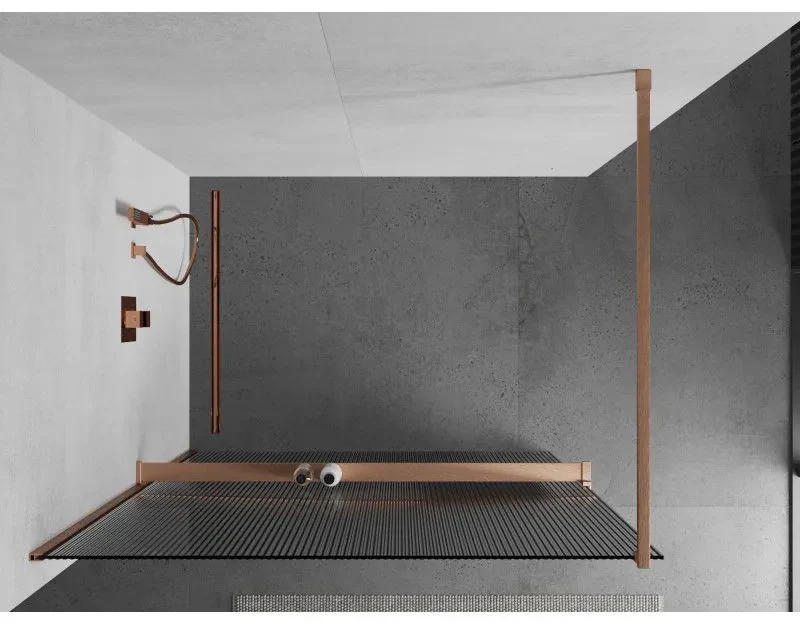 Mexen Kioto+, sprchová zástena Walk-In s poličkou a vešiakom 70 x 200 cm, 8mm sklo s rebrovým vzorom, medený matný profil, 800-070-121-65-09