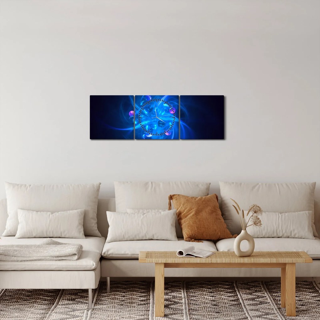 Moderný obraz modrej abstrakcie (s hodinami) (90x30 cm)