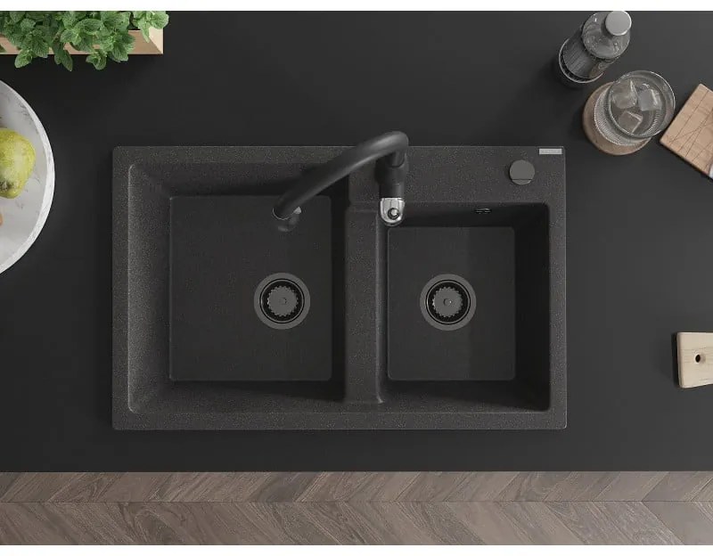 Mexen Tomas, granitový drez 800x500x190 mm, 2-komorový a drezová batéria Savita, čierna škvrnitá, 6516-76-672601-70-B