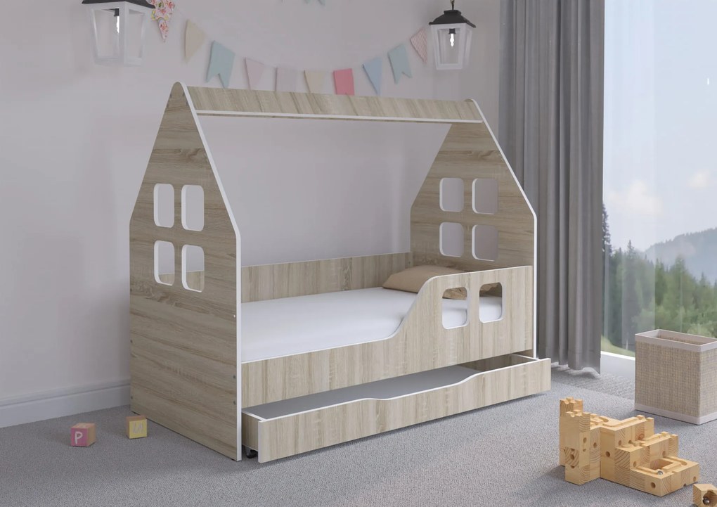 Wooden Toys Detská posteľ DOMEK SONOMA so zásuvkou 140x70 (pravá)