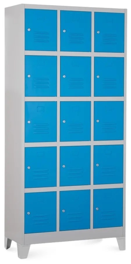 Kovová šatníková skrinka - 15 boxov, 90 x 40 x 195 cm, pevné nohy, cylindrický zámok, modrá - ral 5012