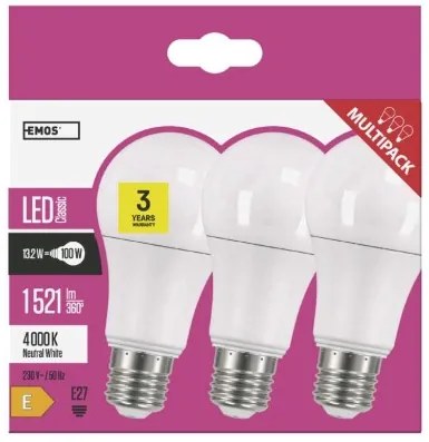 EMOS LED žiarovka, E27, A60, 14W, 1521lm, neutrálna biela, súprava 3ks