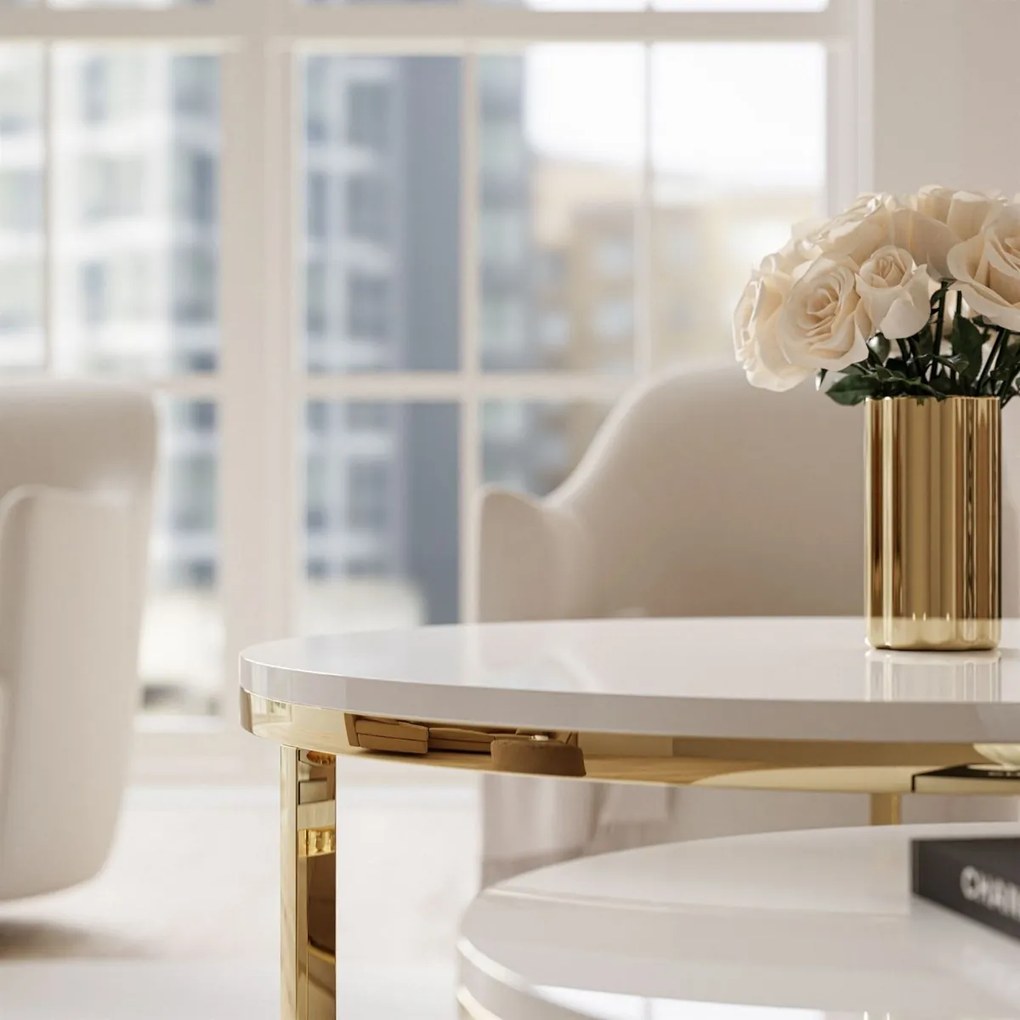 OKRÚHLY KONFERENČNÝ STOLÍK LEONARDO GLOSS CHROME 2v1 BIELY LESK + ZLATÝ