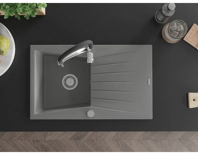 Mexen Cesar, 1-komorový granitový drez 775x470x190 mm a drezová batéria Aster, šedá, 6514-71-73450-07