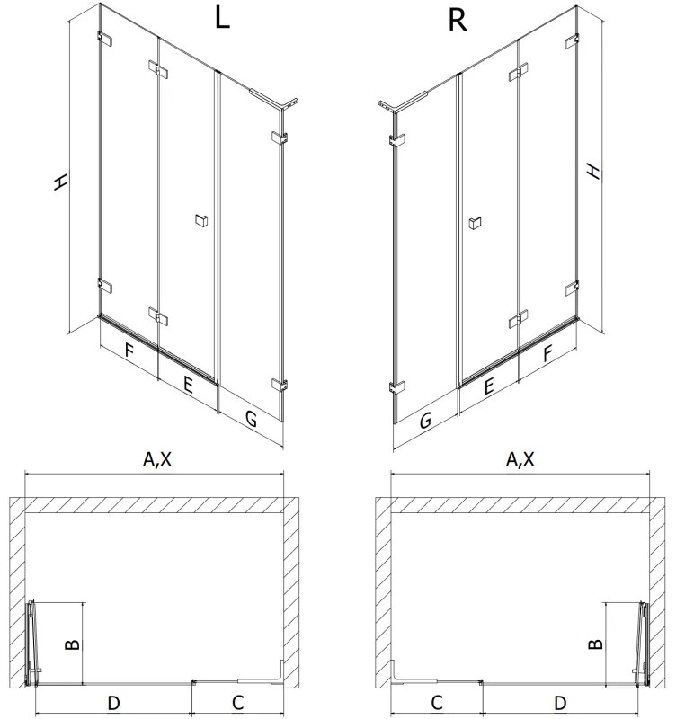 Mexen Lunar-F, L pravé skladacie sprchové dvere 110 cm, 8mm číre sklo, čierny matný profil, 836SL-110-050-70-00-P